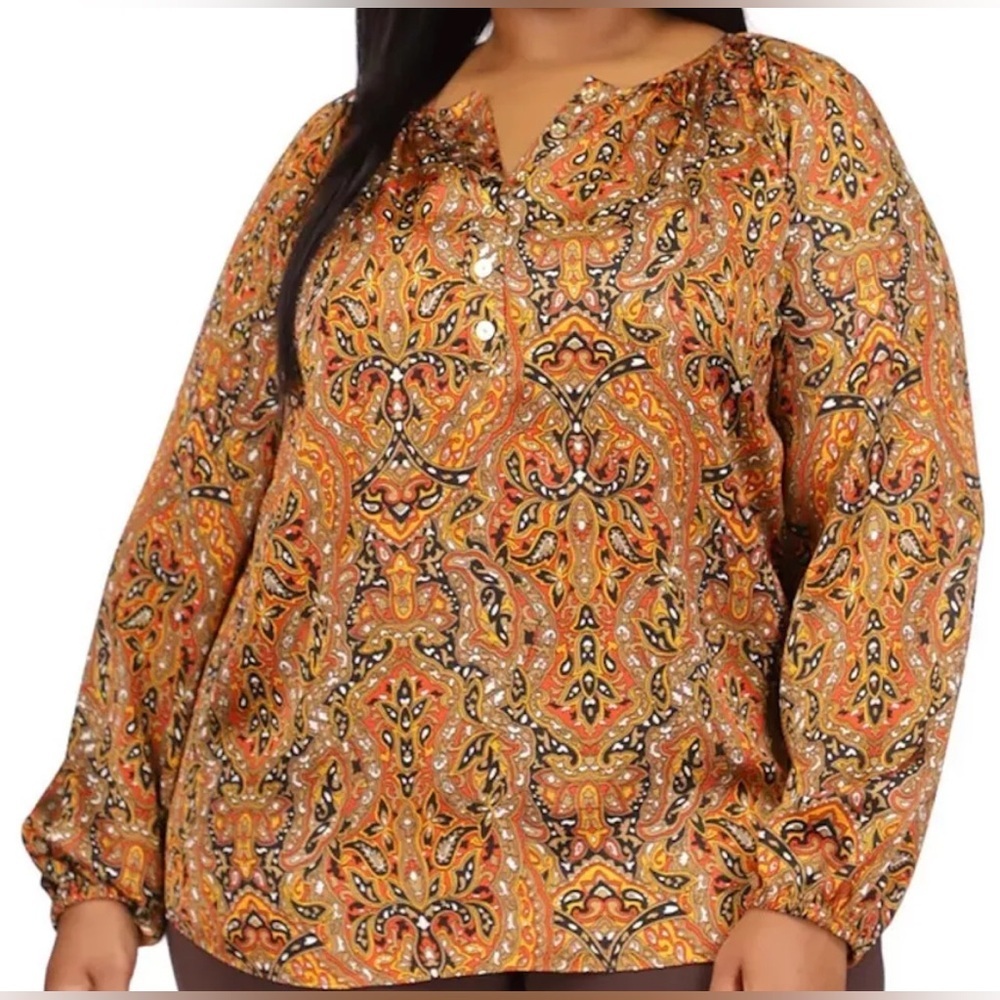 NEW- Plus Size 1X Michael Kors Printed Satin Peasant Top Brt Trractta $110